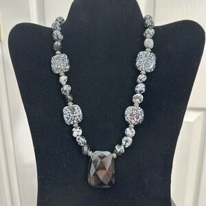 Snowflake Obsidian With Faceted Black Bead Pendant Necklace
